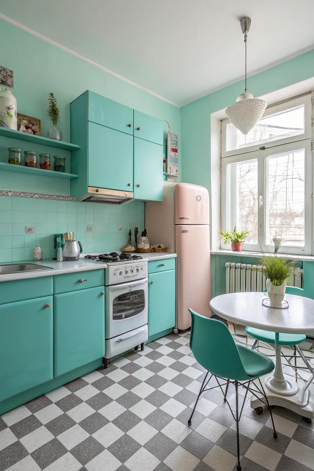 Vintage components incorporating a retro charm to a turquoise kitchen.