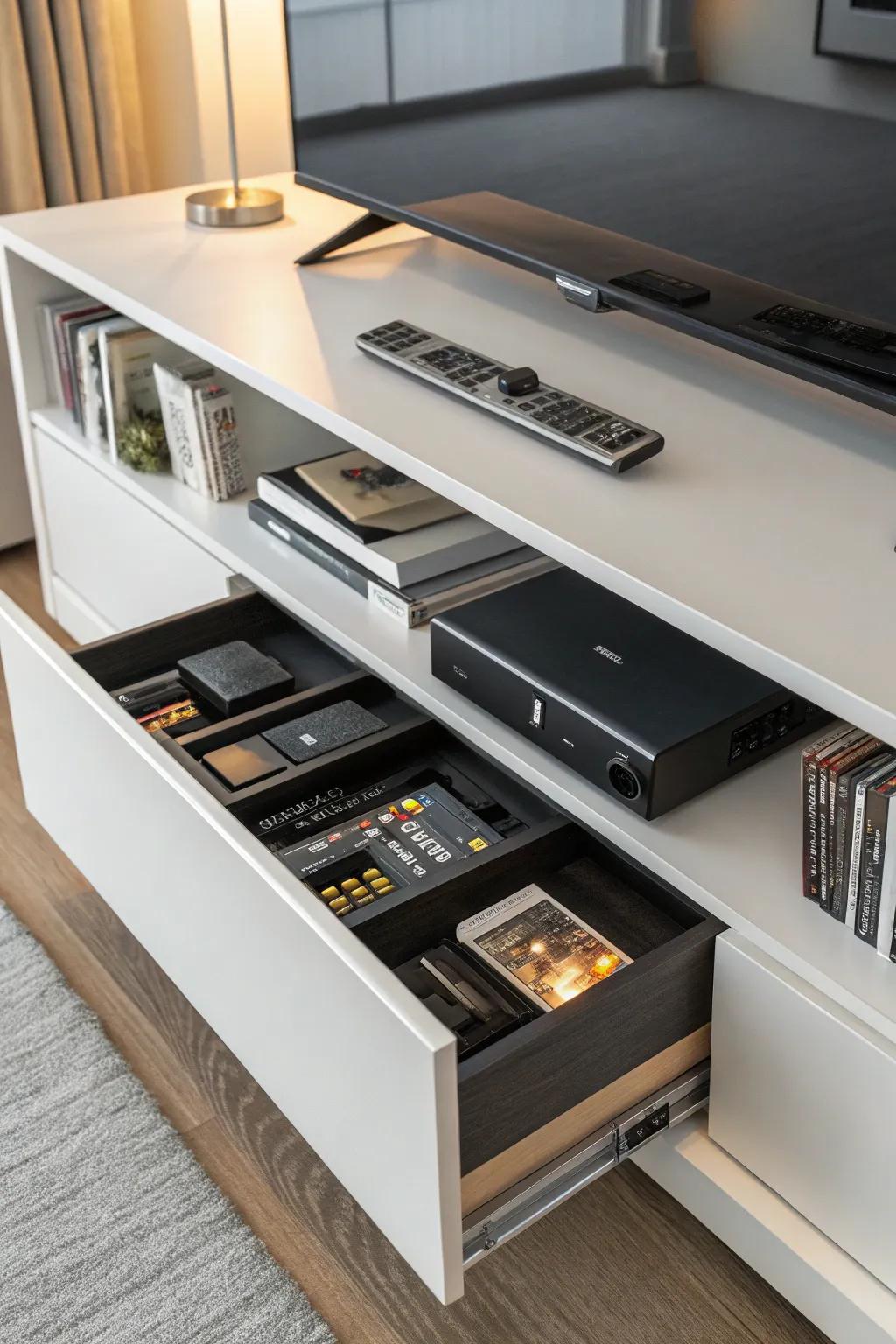 Secret spaces offer hidden storage options for a cleaner look.