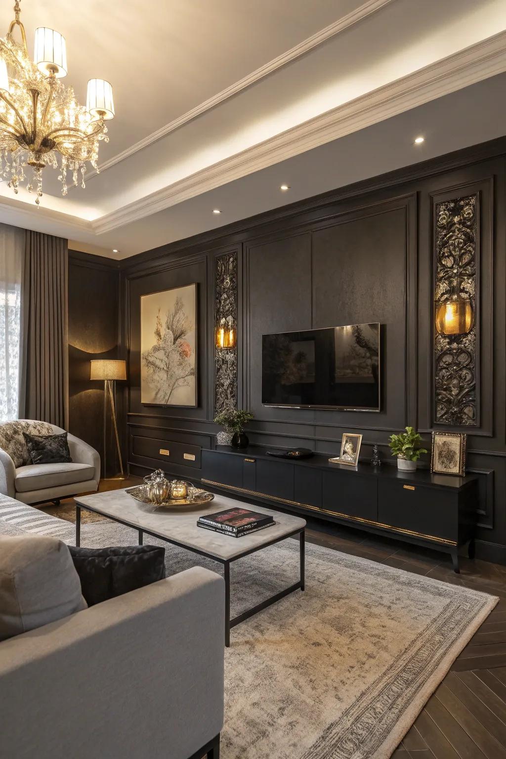 Dark walls assist TVs in merging with the decor.