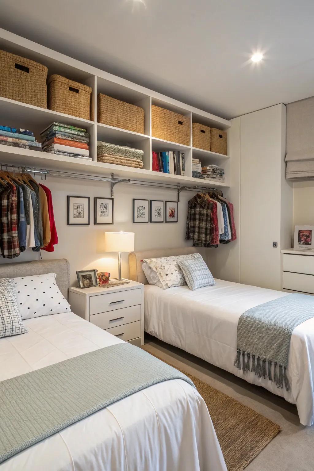 Wall-mounted storage keeps twin bed rooms tidy and efficient.