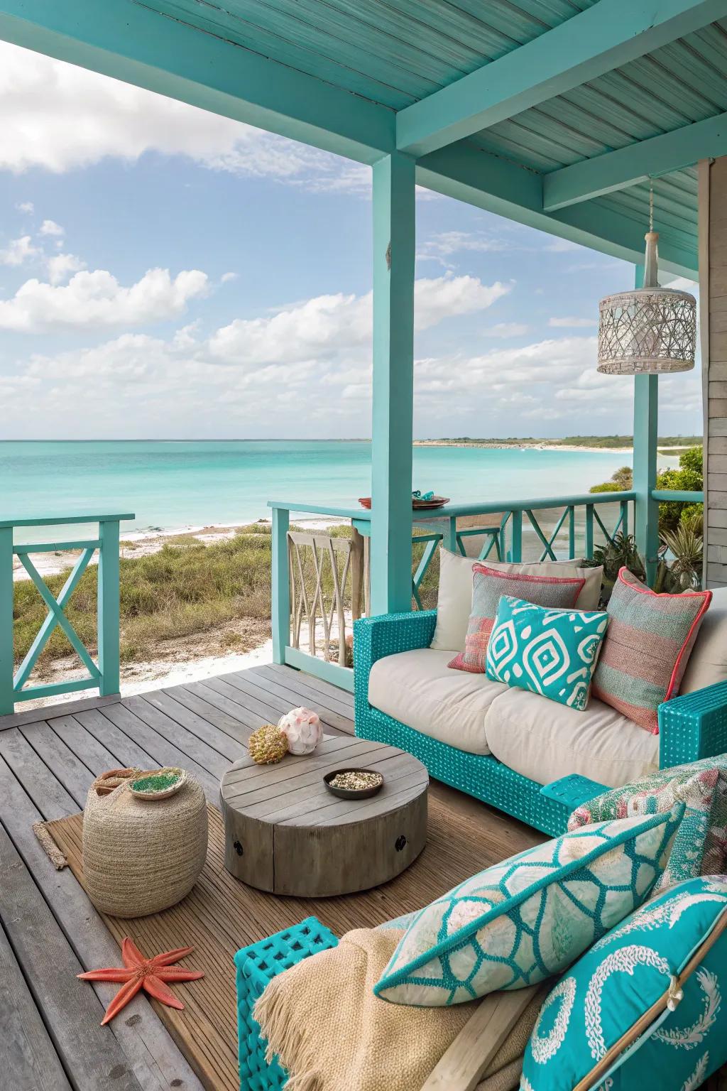 Blue and sand bring the beach to your backyard for a breezy deck feel.