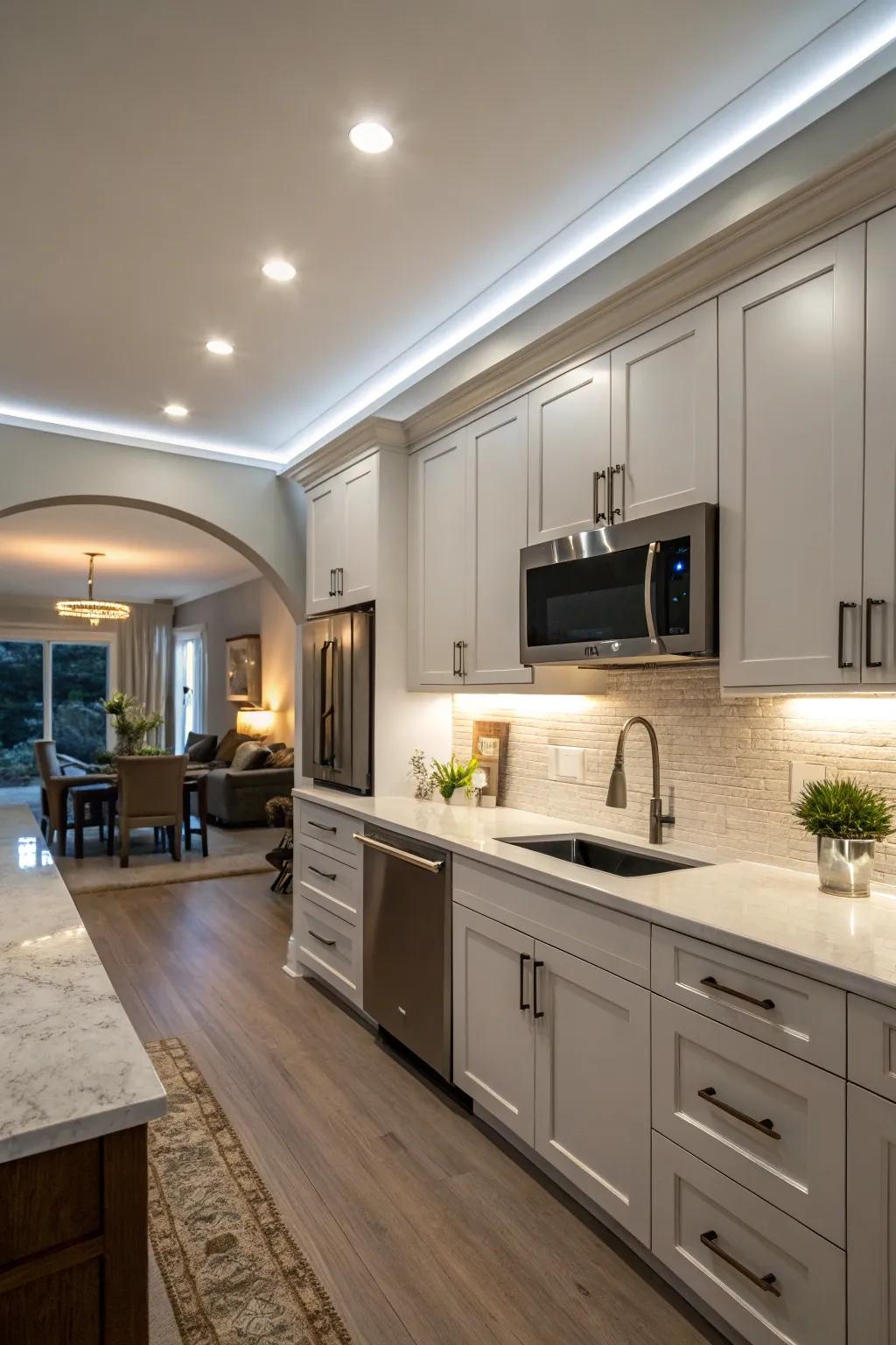 Smart-controlled lights bring futuristic convenience to kitchen lighting.