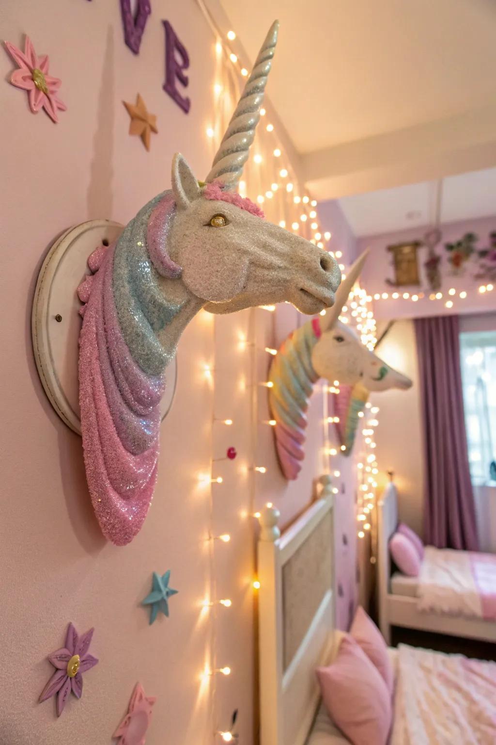 Decorative unicorn horns adding a whimsical touch.