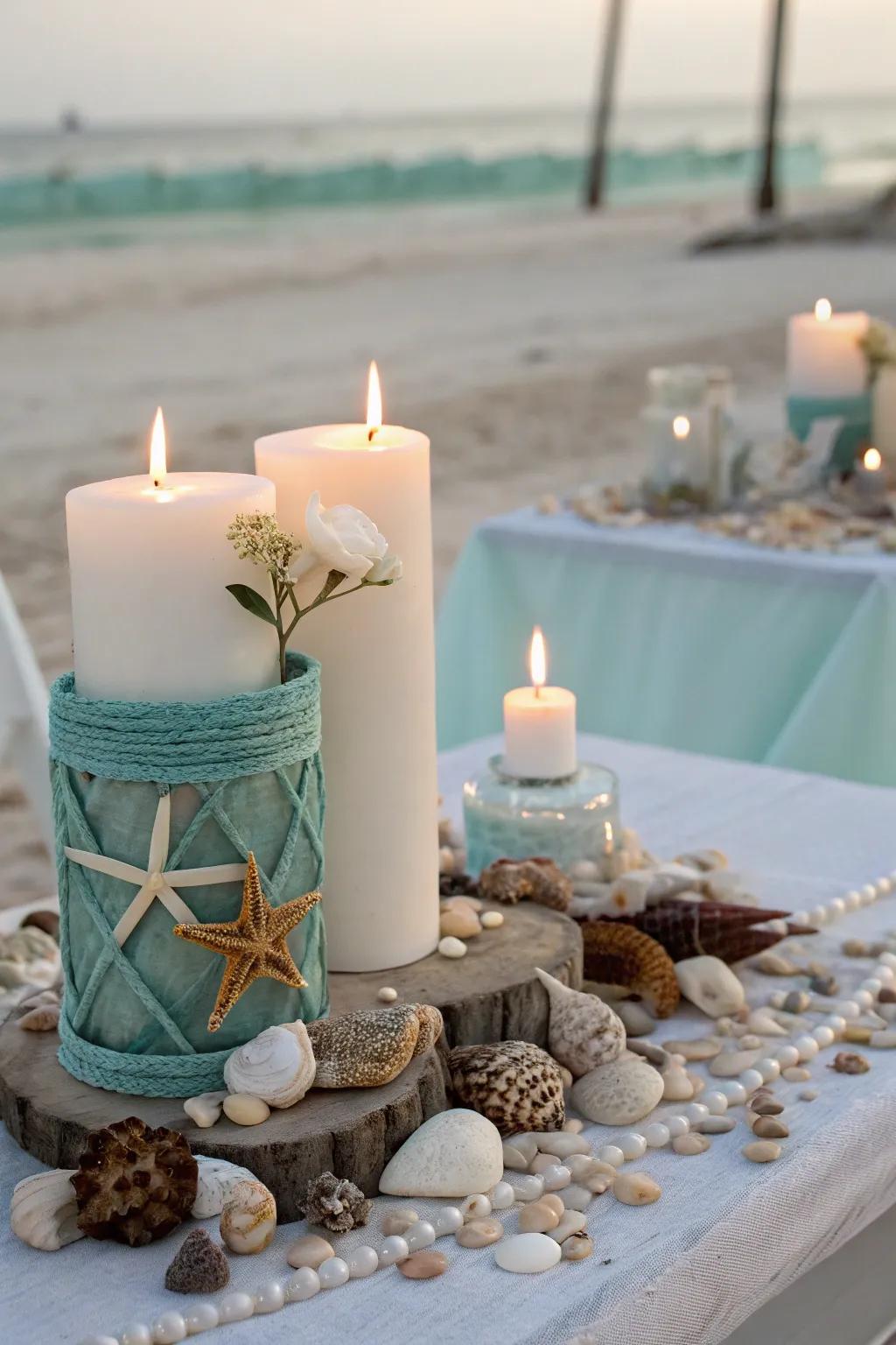 A seaside motif appends a cohesive feature to this unity candle station.