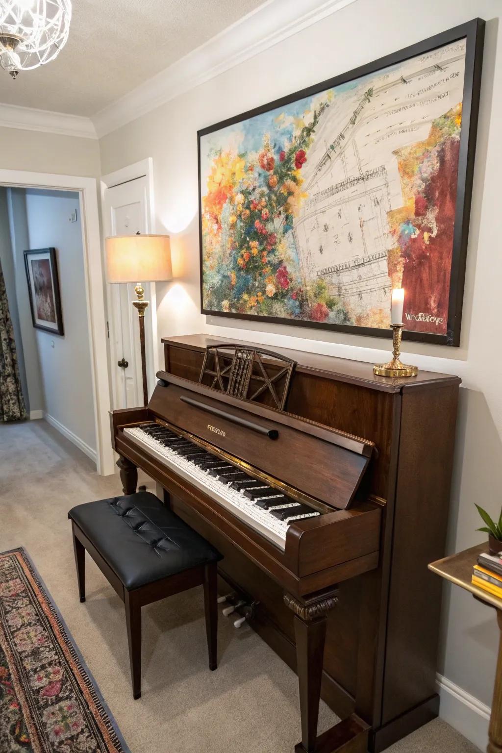 A room with an upright piano and a large piece of wall art as a focal point.