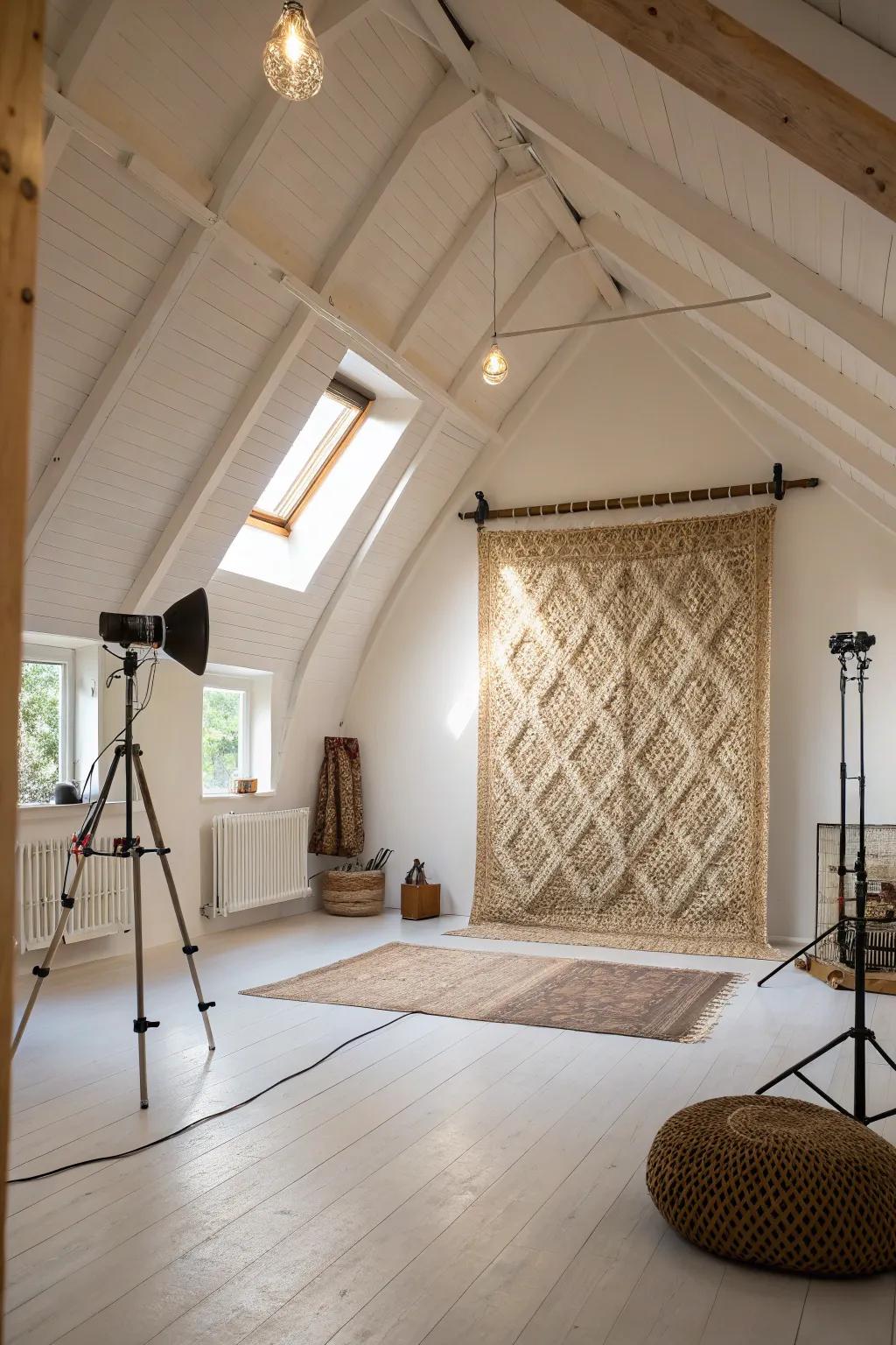 A studio showcasing a vaulted ceiling, embellished with a wall design incorporating woven cloths