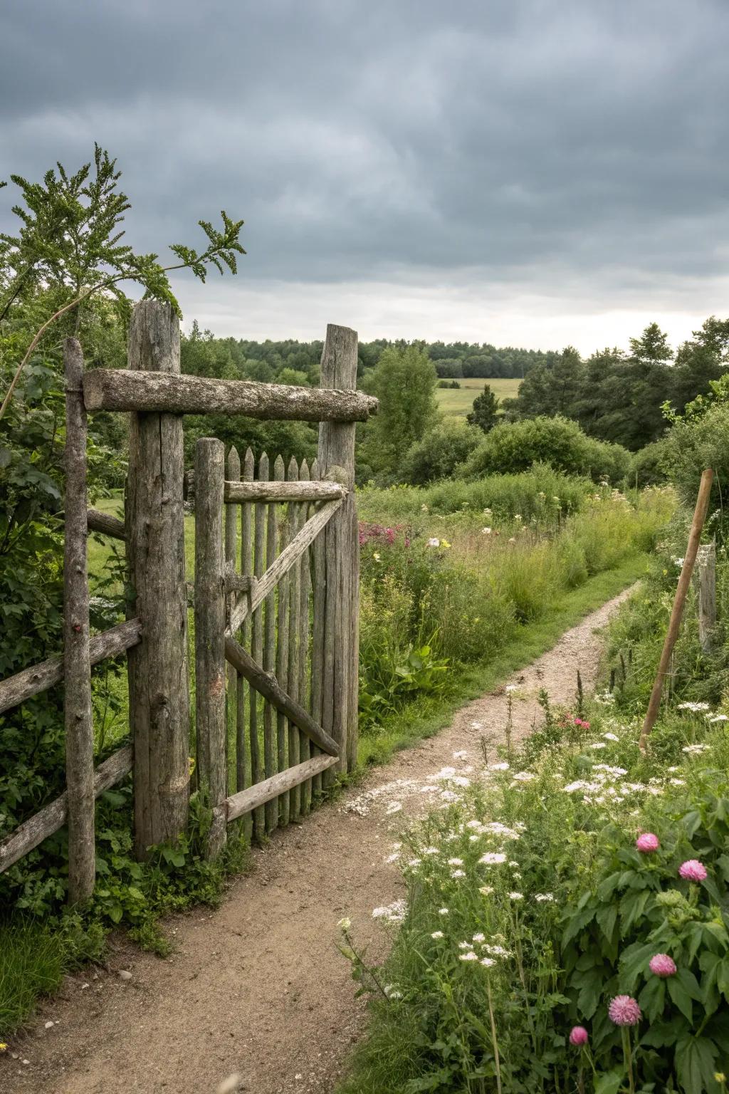 A rustic gate fashioned from natural felled tree shapes.