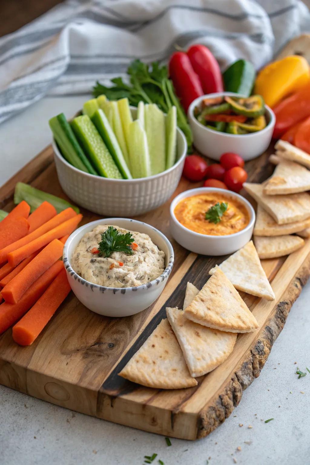 Vegetable tray with pita bread for a Mediterranean touch.