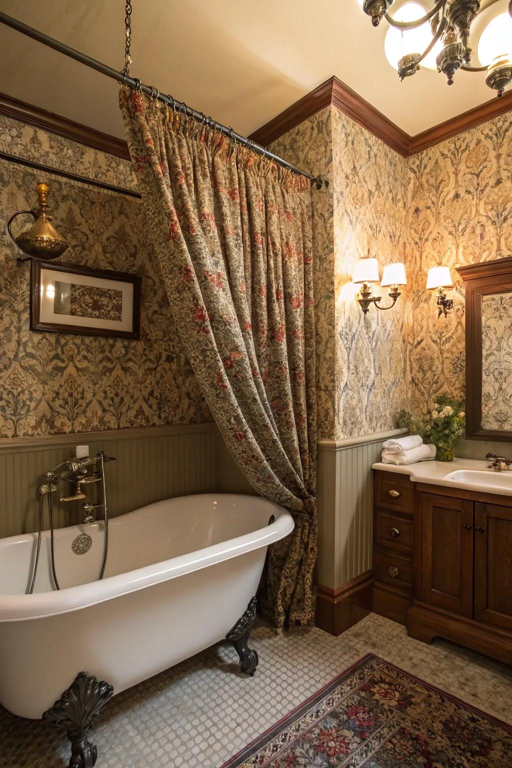 Patterned drapery introduces a lavish, layered look.