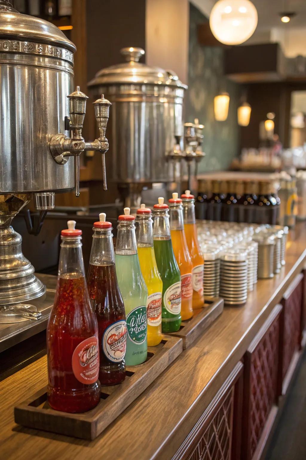 Classic drink stations serve vintage sodas and cocktails with style.