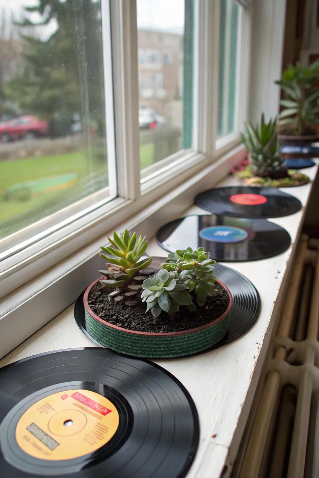 Incorporate indoor greenery through repurposed record displays.