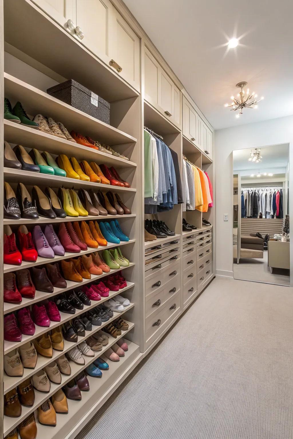 A dedicated shoe wall showcasing a beautifully organized collection.