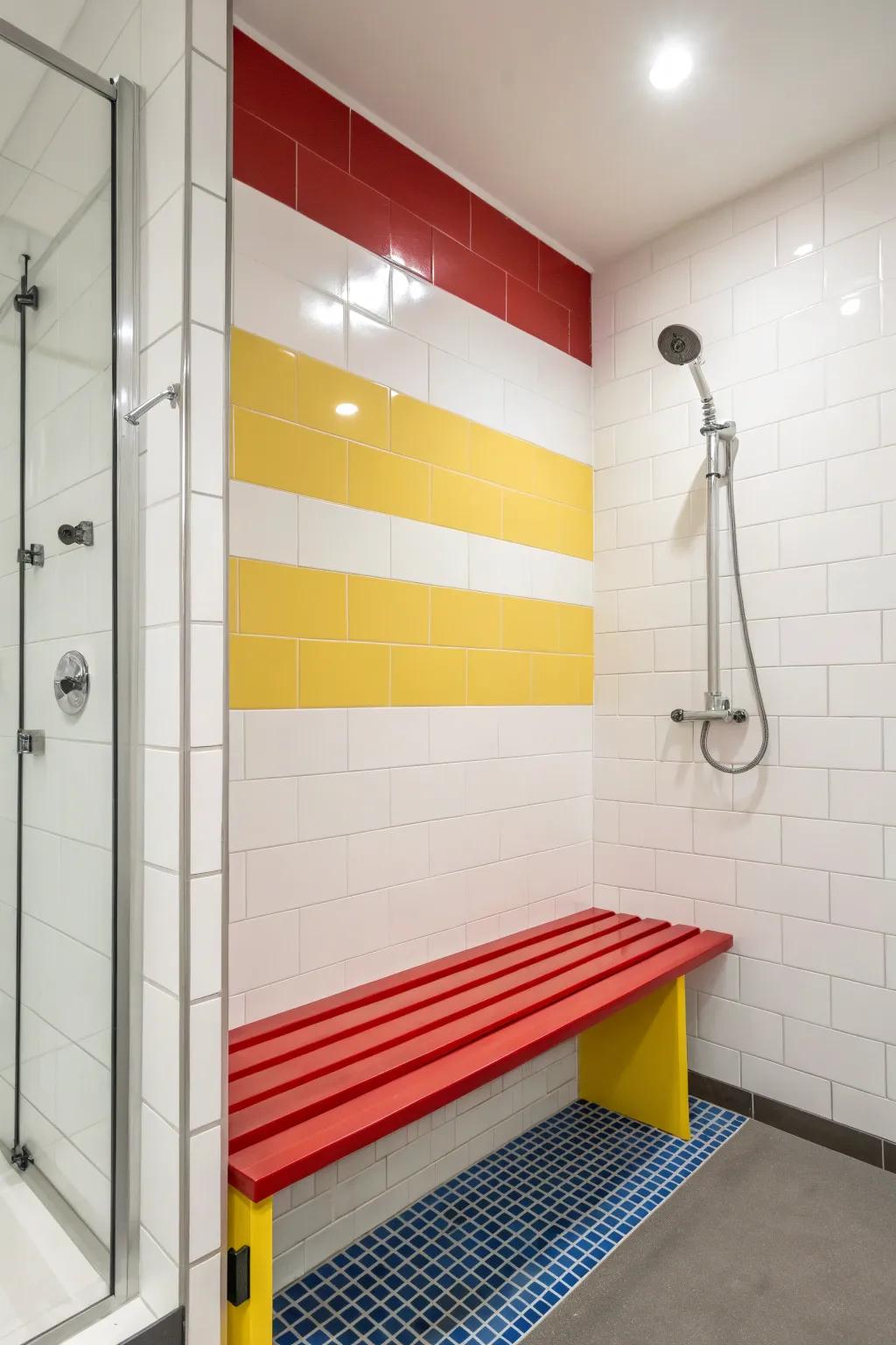 A bench of opposing color serves as a striking focal point in the shower.