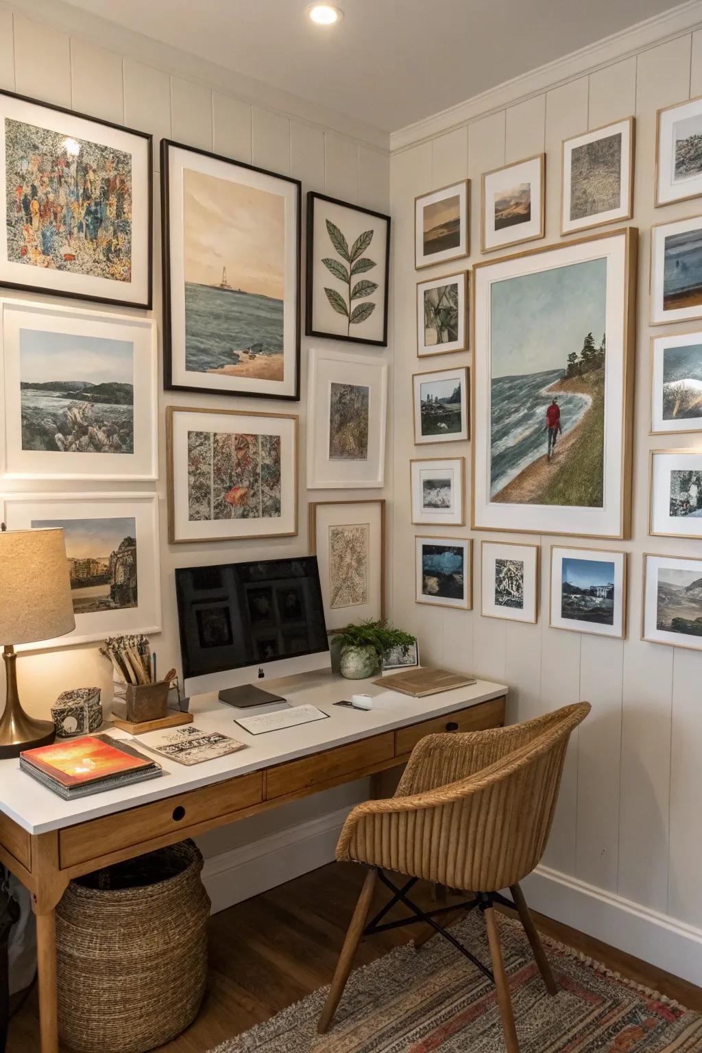 Layered artwork creates a stylish gallery feel.