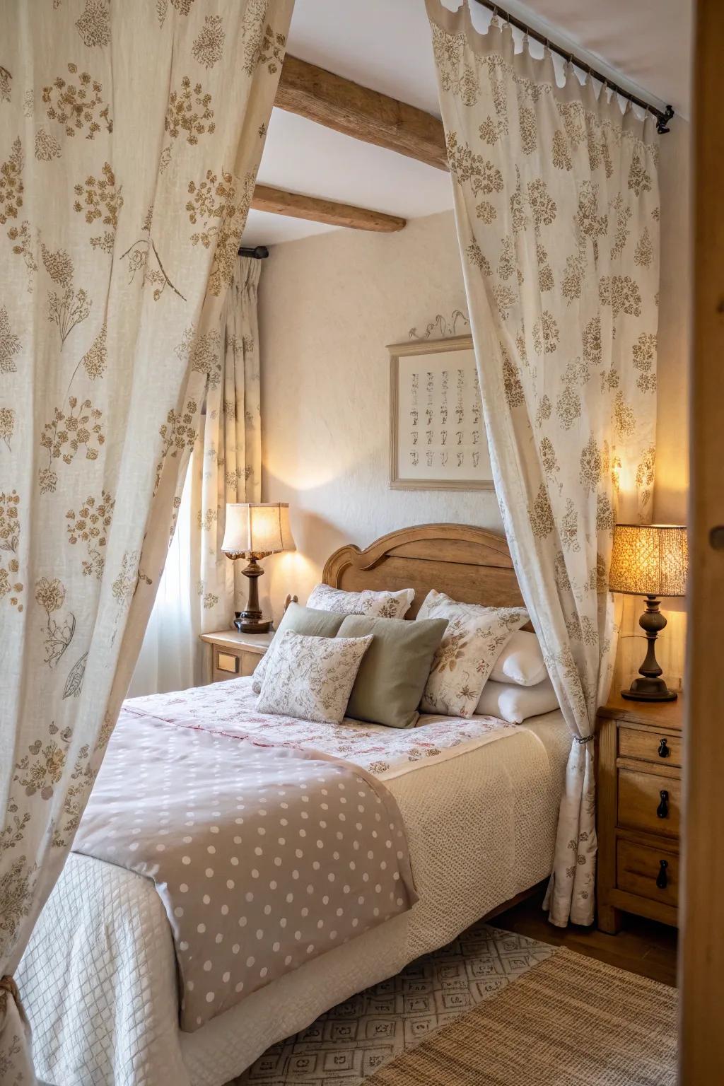 Curtains add softness and color to the bedroom.