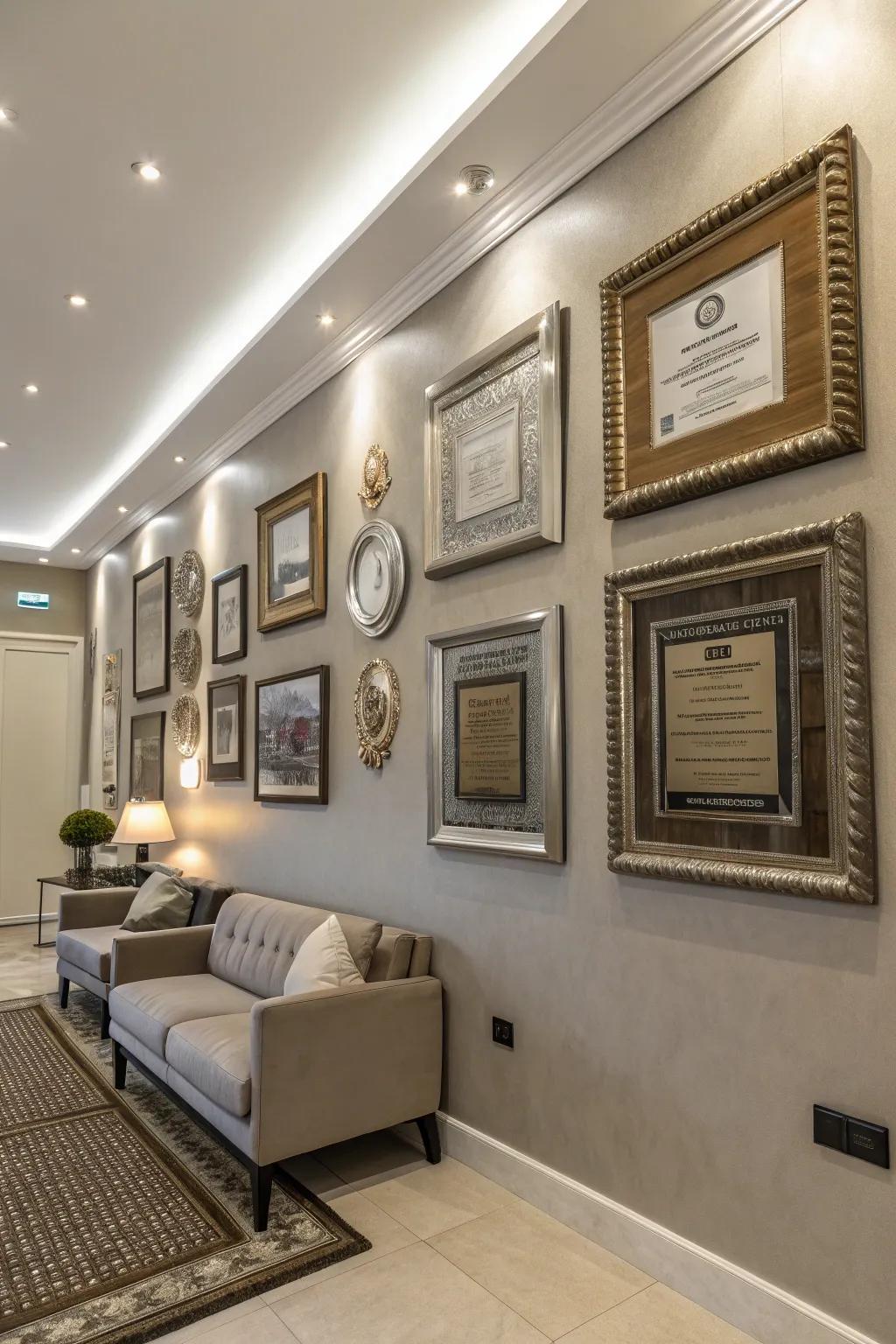 Glamorous metallic accents adding shine to a wall of fame.