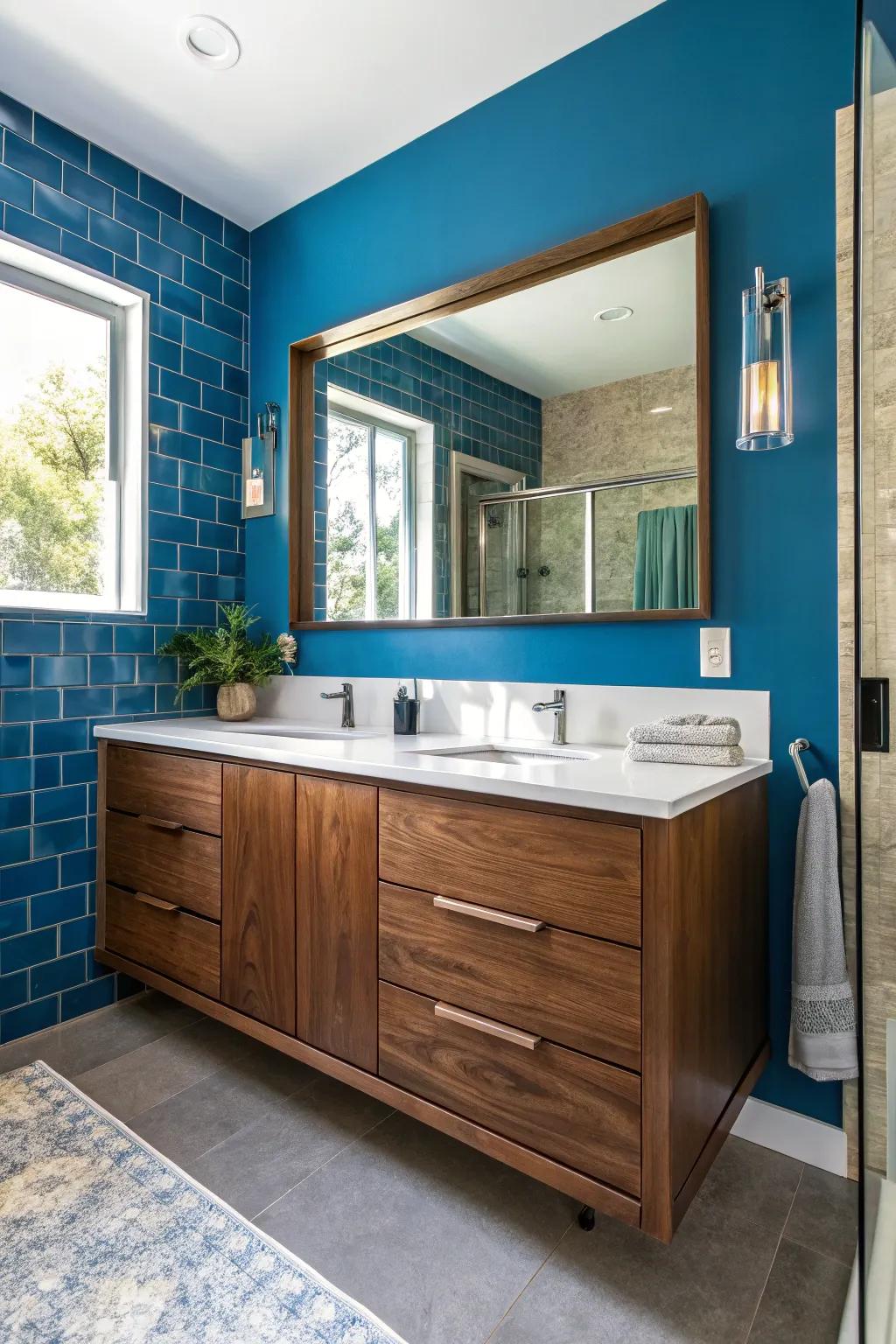 Create drama and style with bold wall colors against a chestnut vanity.