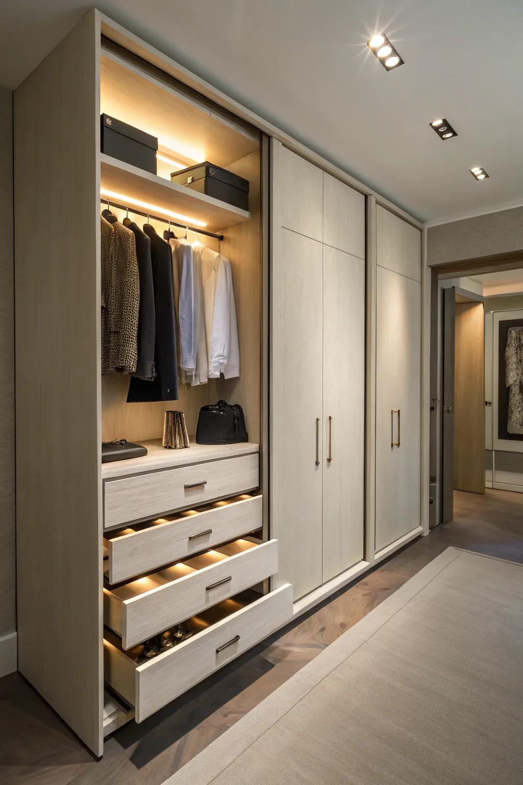 Concealed drawers enhance surprise and storage.