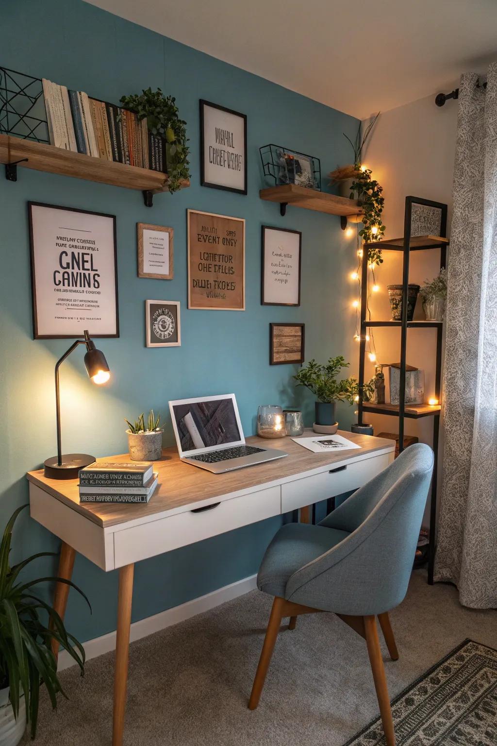Enhance productivity with a creative home office painted in warm blue.