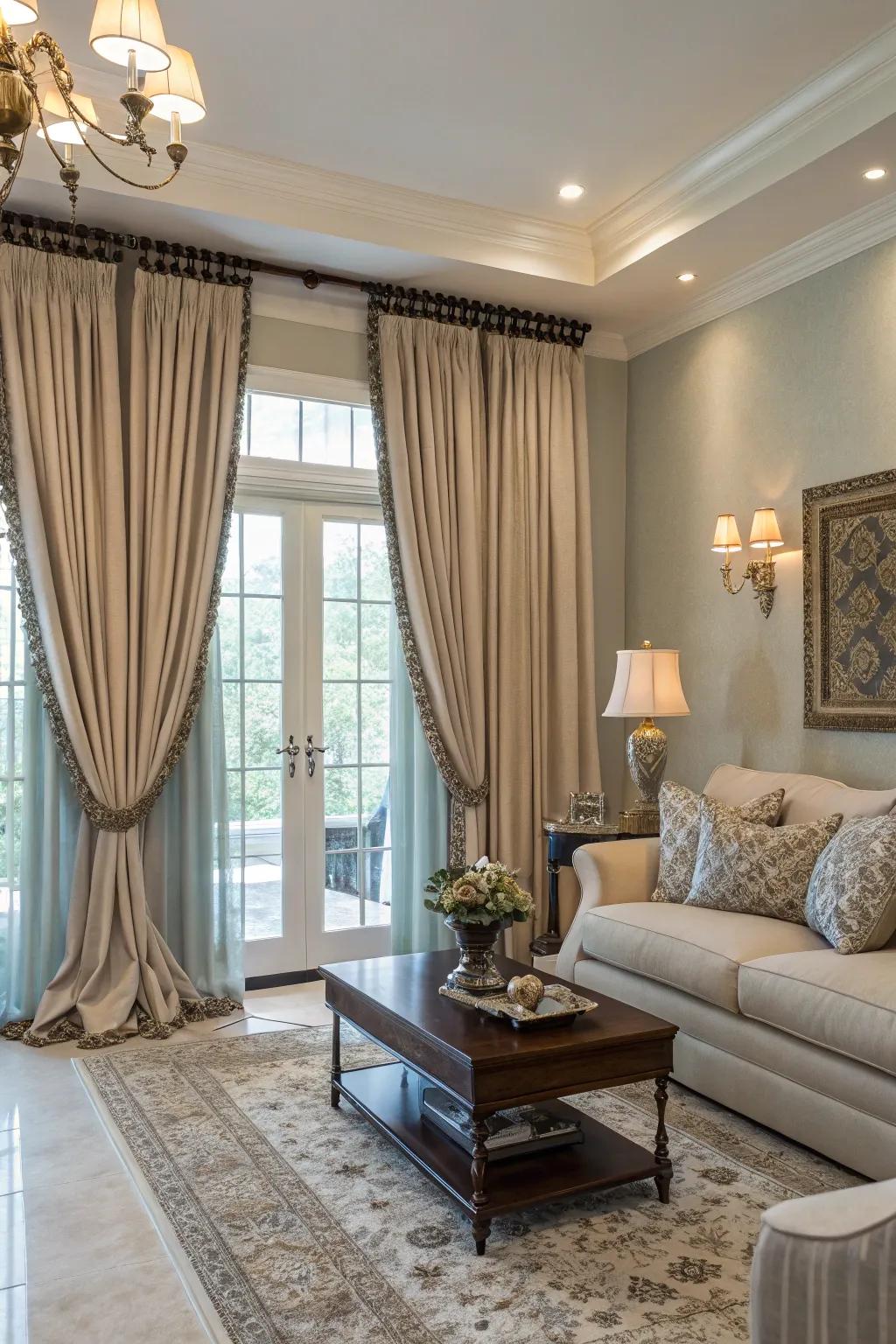 A neutral living room gains height and sophistication from full-length curtains.