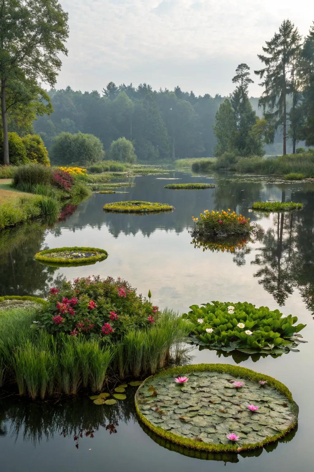 Drifting botanical accents add whimsy to garden ponds.