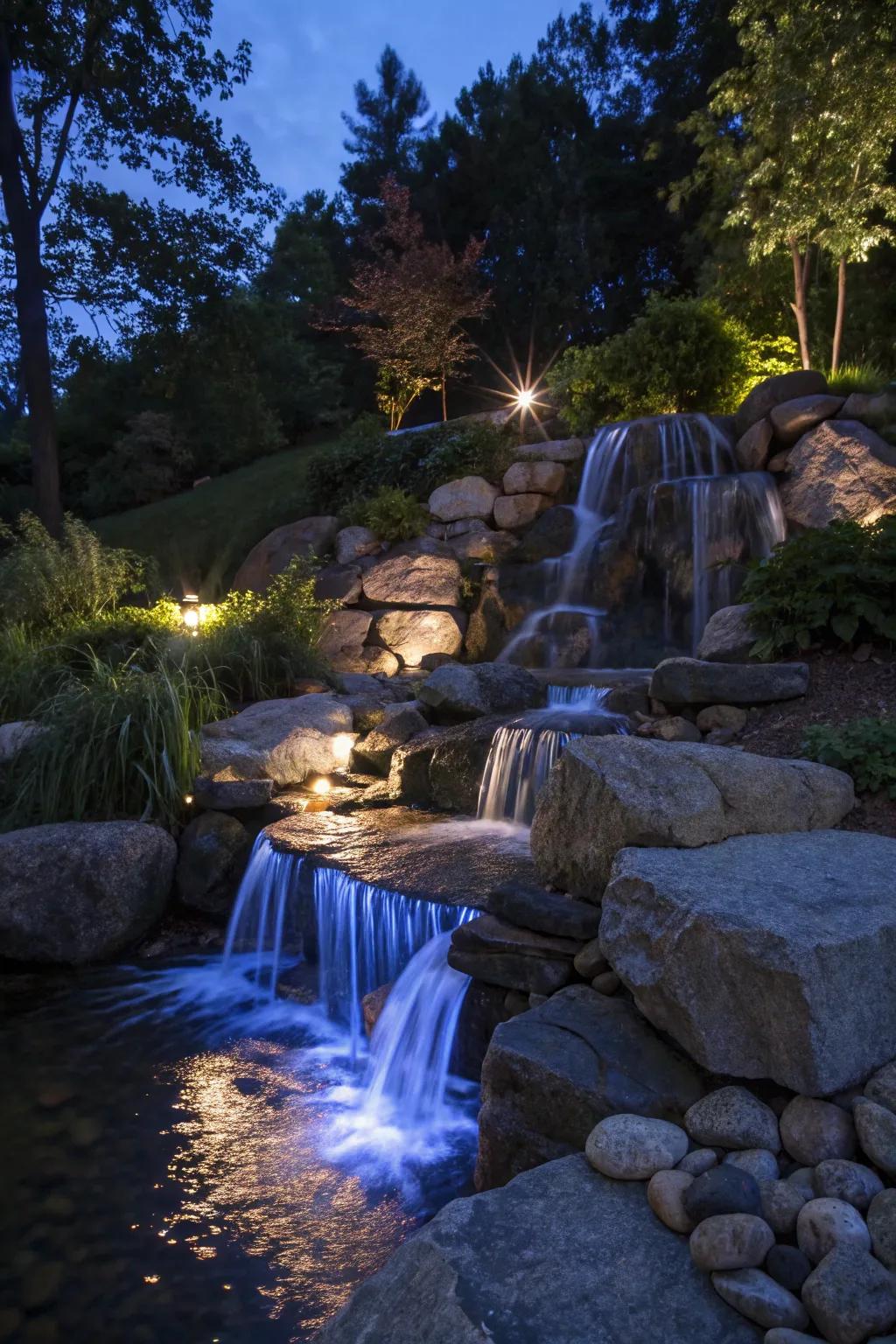 Integrated lighting transforms your cascade into a nighttime spectacle.