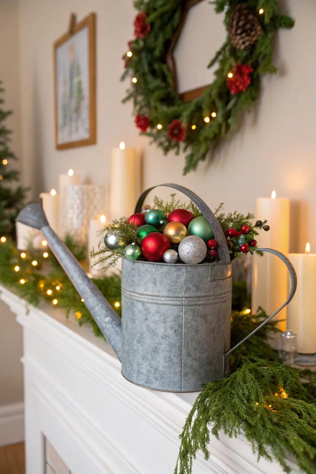 Festive decoration presentation employing watering can.