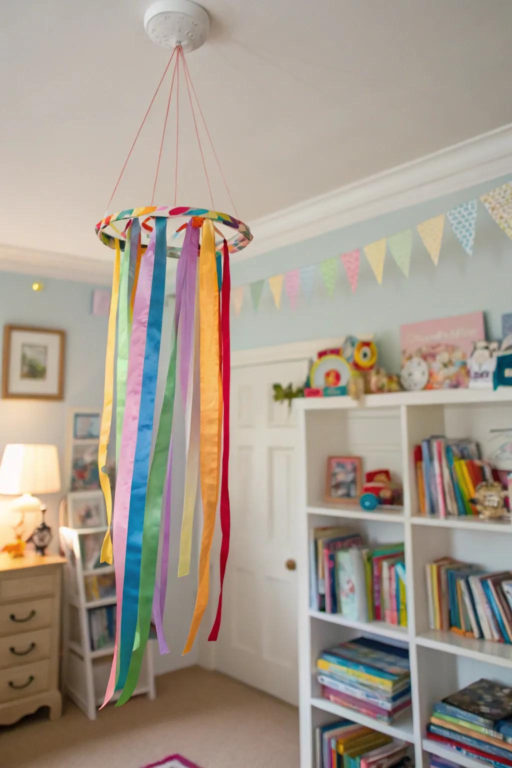 A ribbon mobile that adds movement and playfulness to a room.