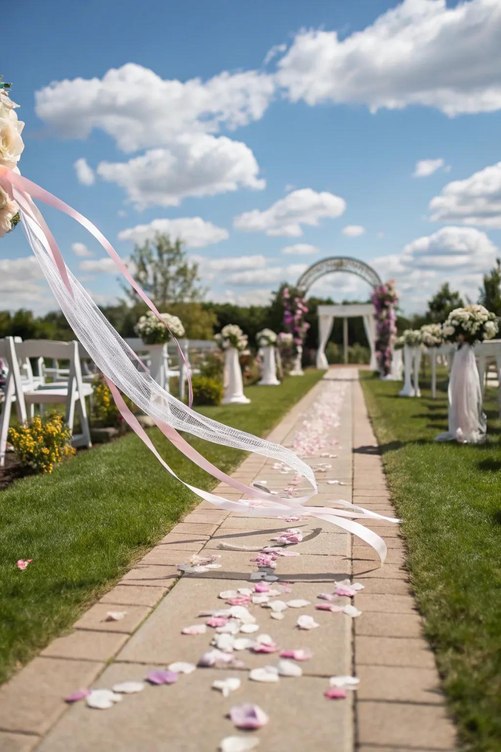 Flowing ribbons introduce a whimsical and colorful touch to the walkway.