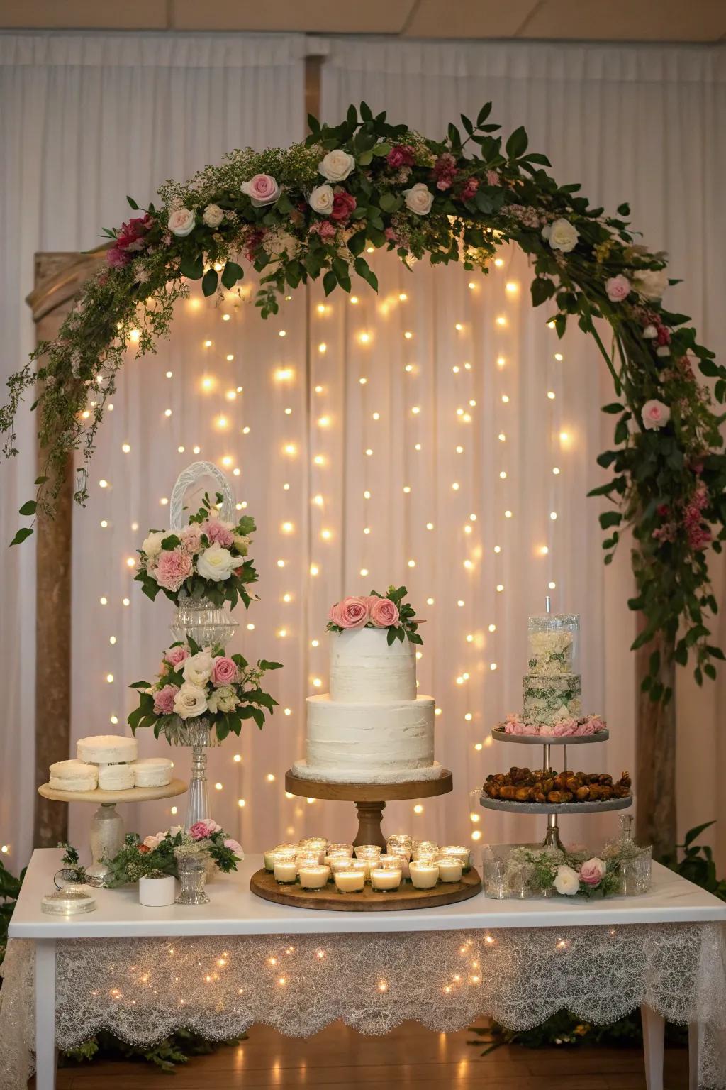 A fanciful backdrop contributes storybook charm to the cake display.