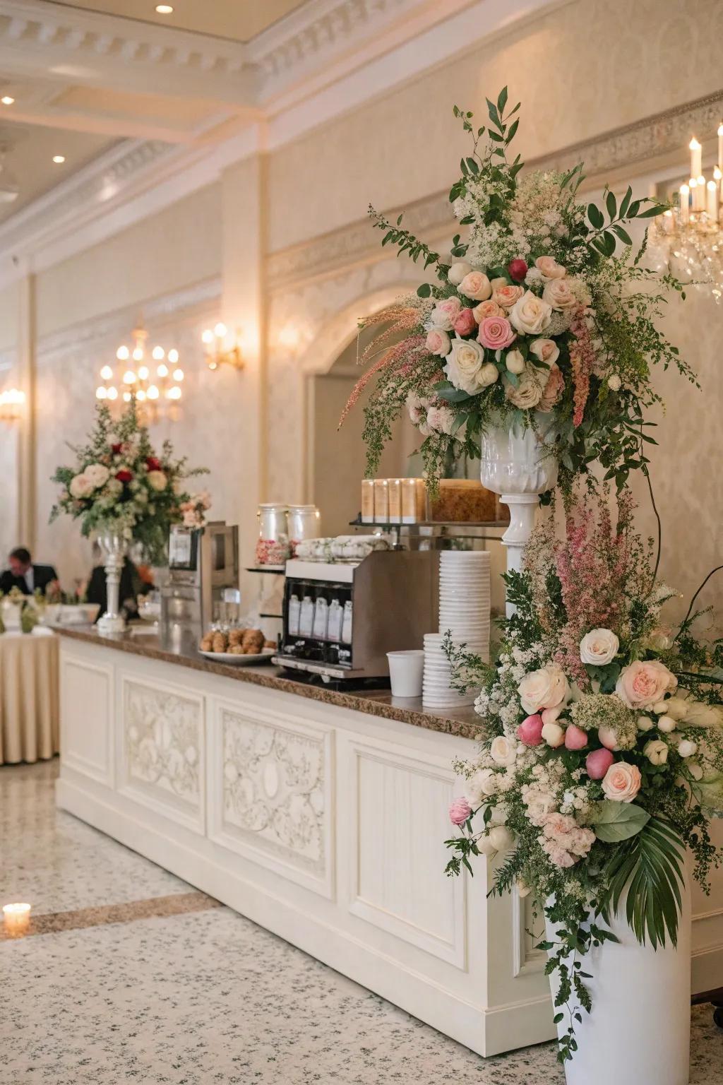 Floral arrangements appending refinement to a wedding coffee gathering.