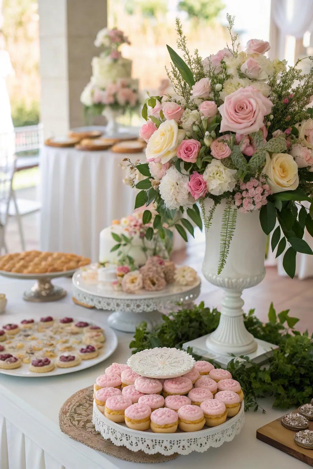 A main botanical set-piece delivers the focal draw on a wedding cookie presentation.