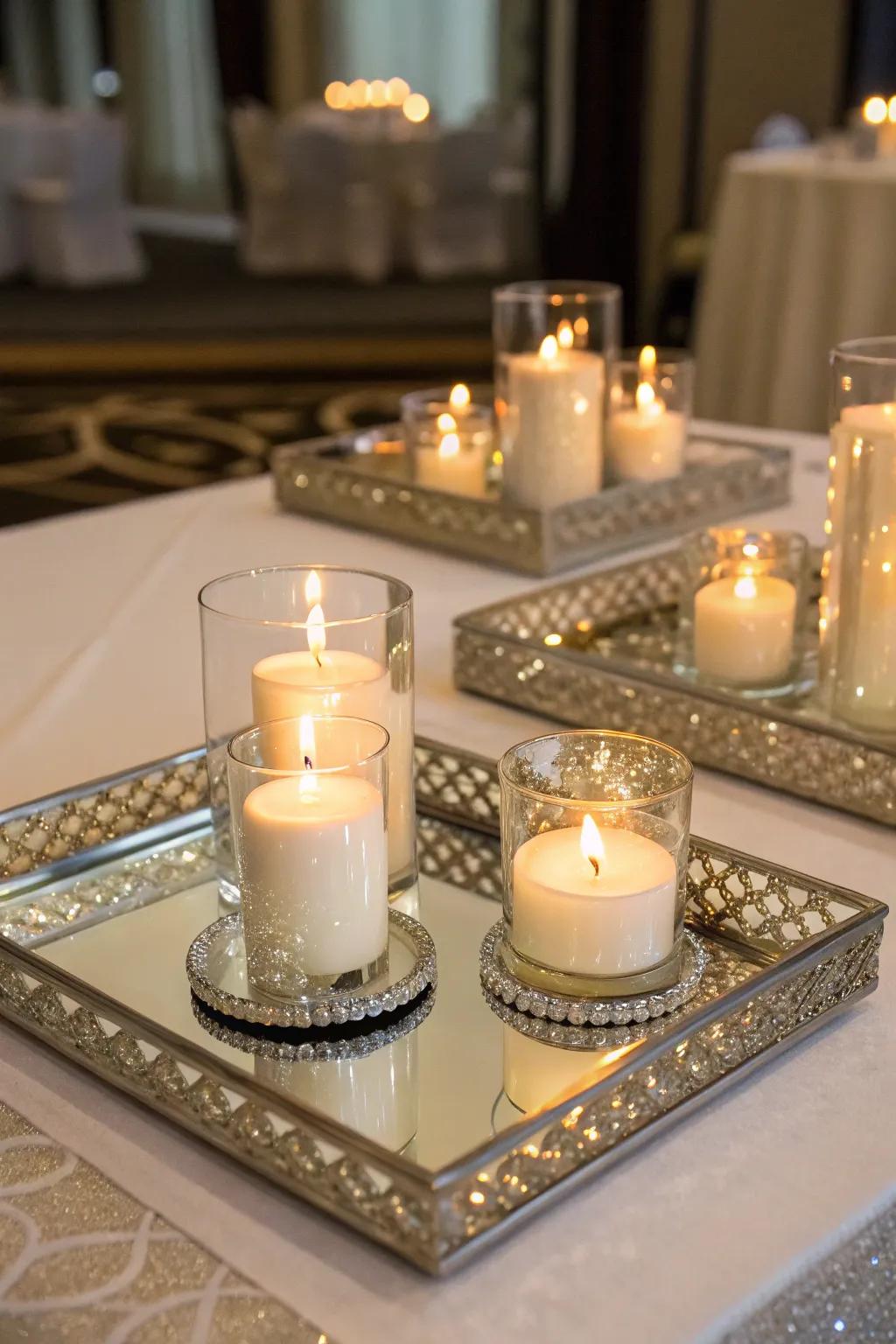 Mirrored trays enhancing the candlelight for a magical detail.