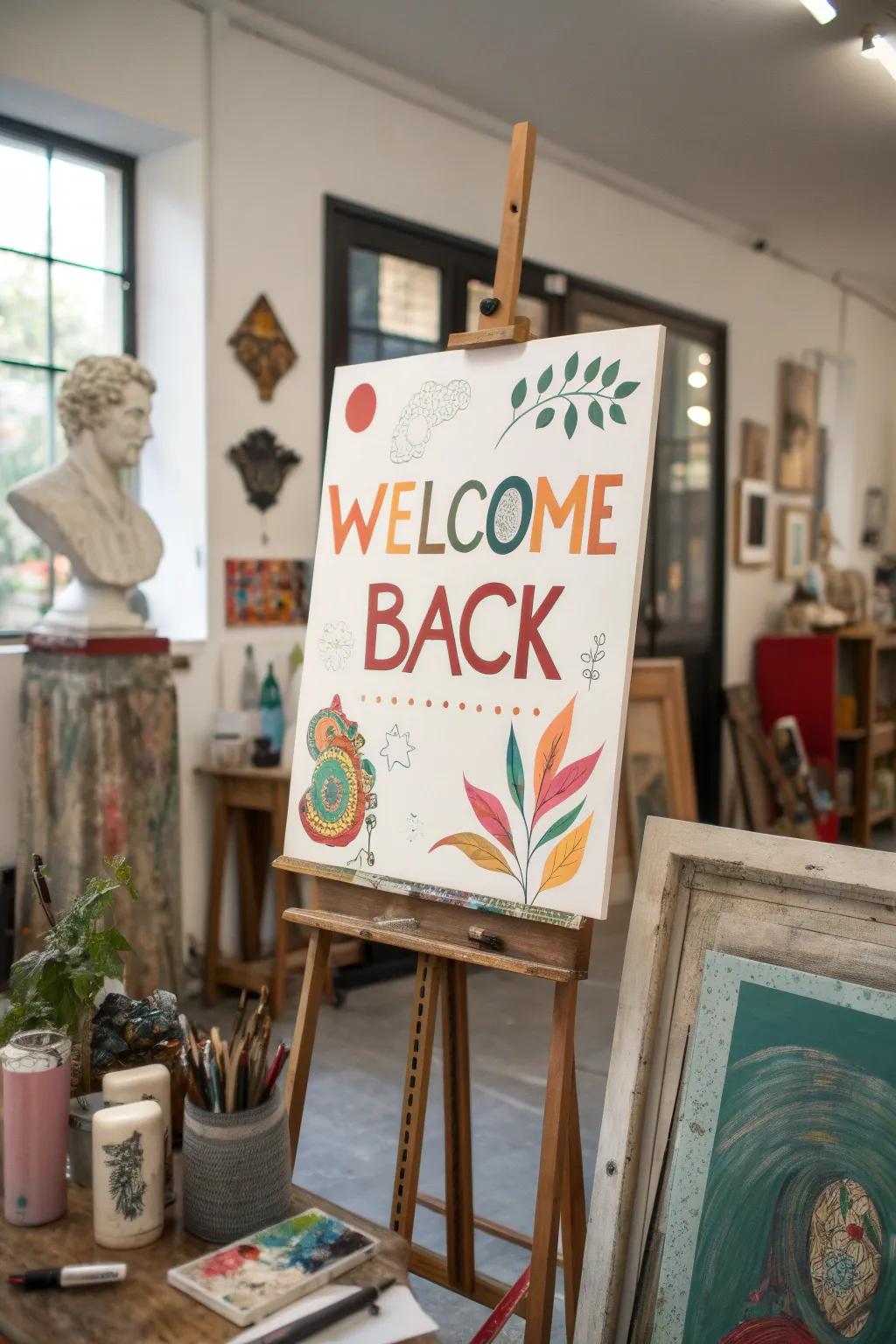 An artistic illustration poster enhances an artist's studio.