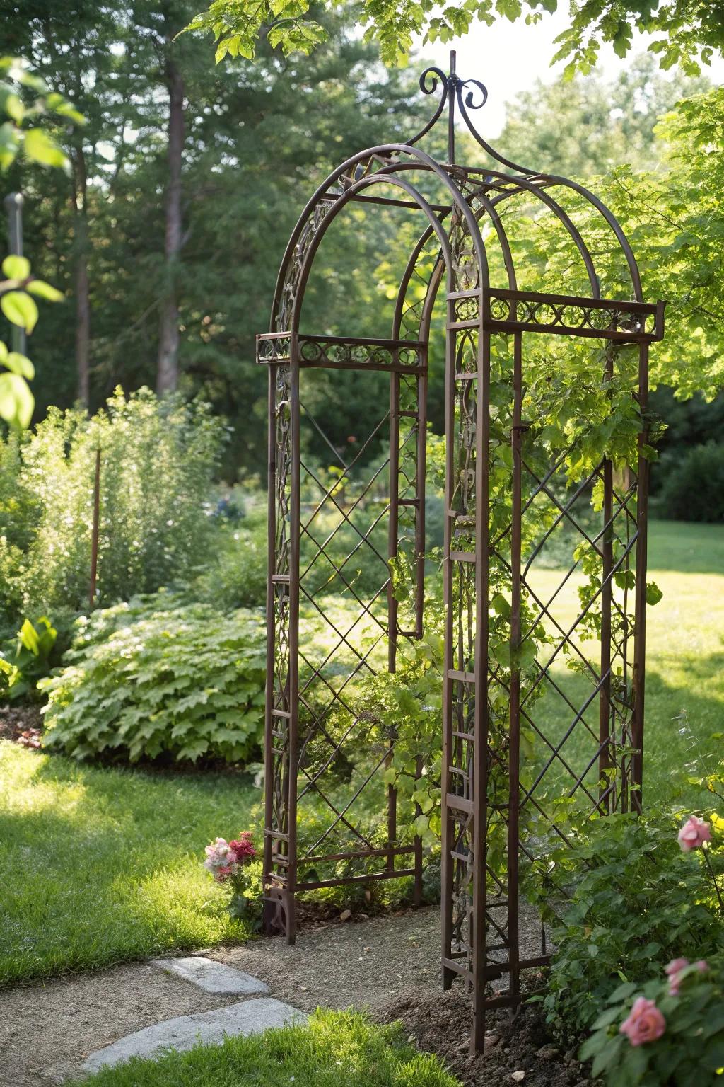 With a handcrafted metal trellis that combines art and nature, you can improve the appeal of your garden.