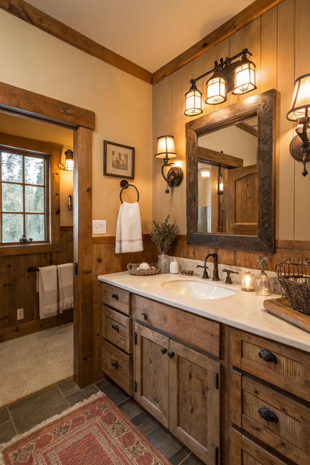 Farmhouse lights introduce elegance to this Western bathroom.