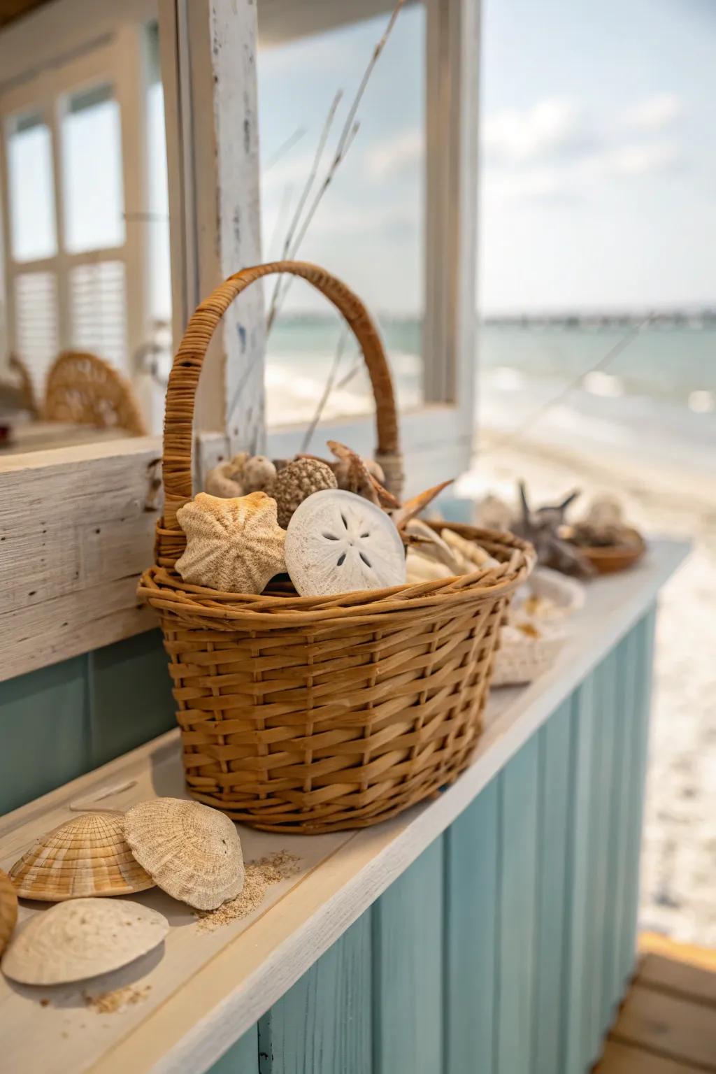 A basket filled with seashore shells fashions a tailored and thematic exhibit.