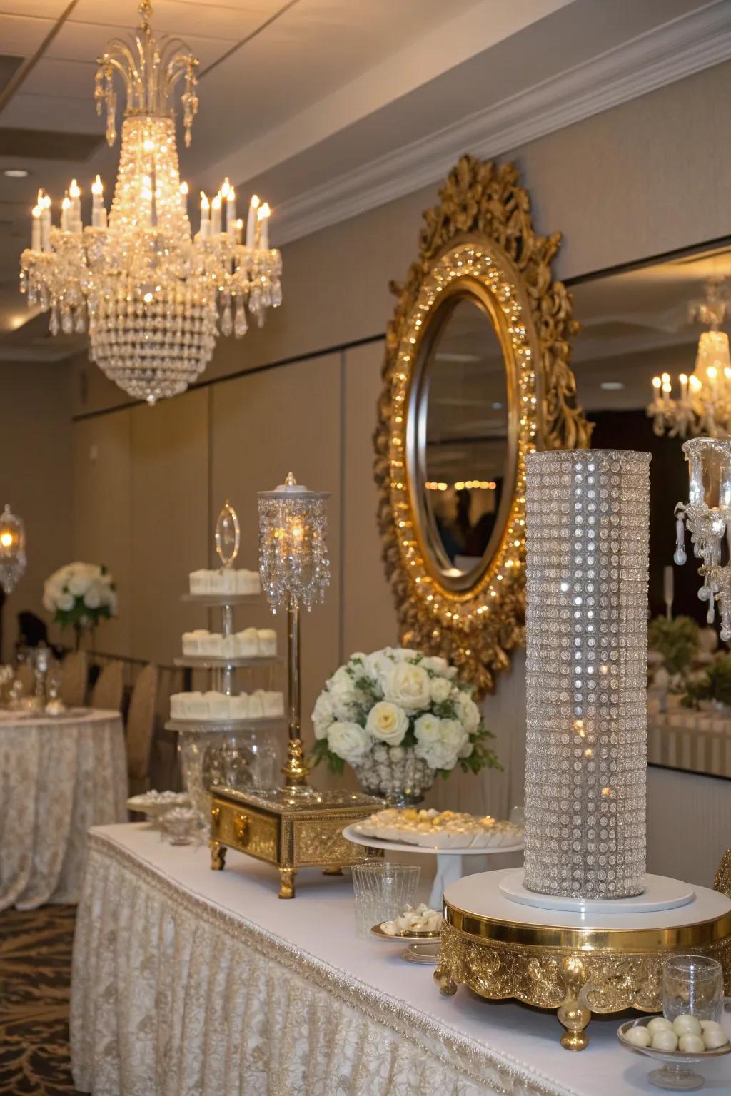 Glamorous reception decor featuring crystal and mirror details.