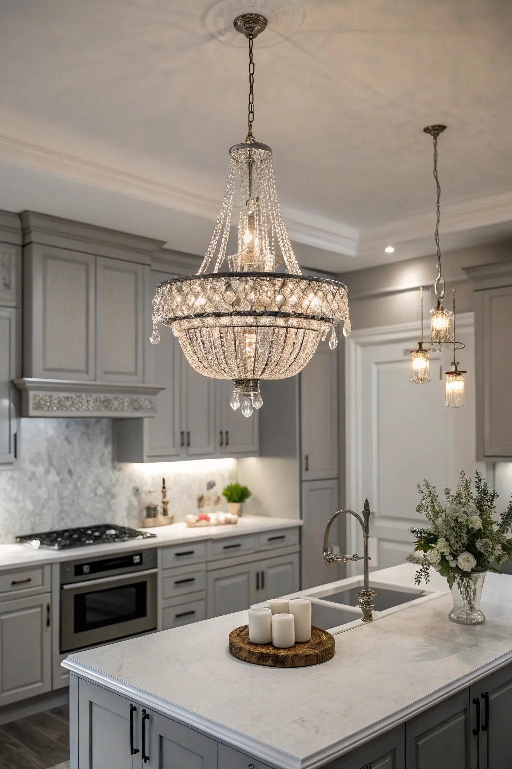 An elegant hanging light adds opulence to the kitchen.
