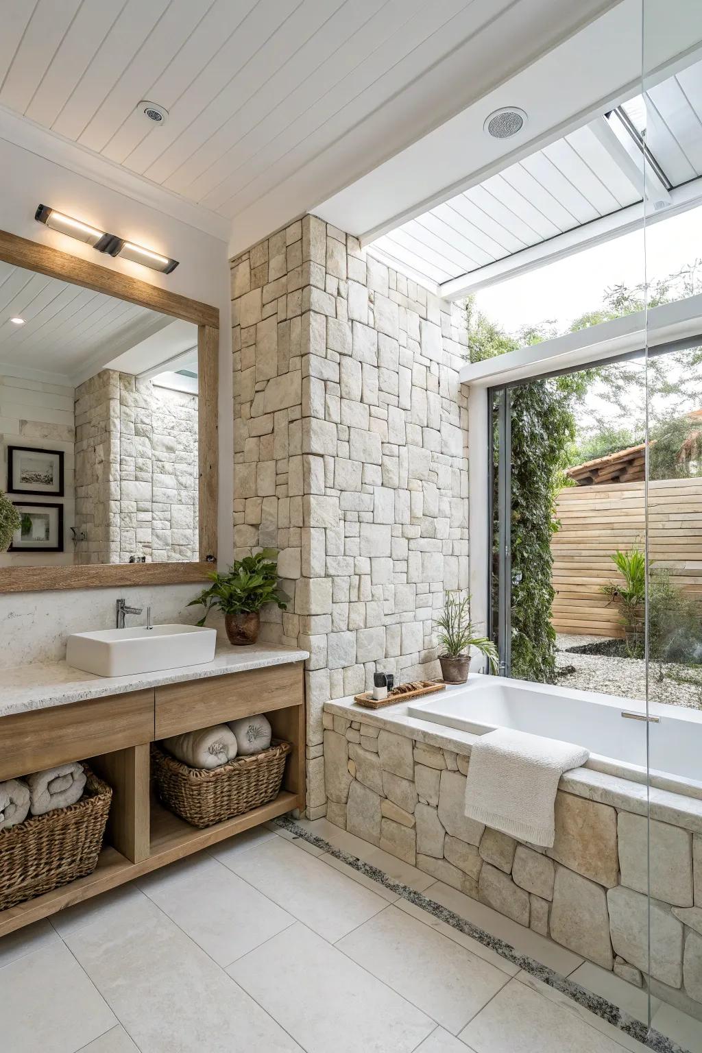 Natural stone complements the elegance of white tiles.
