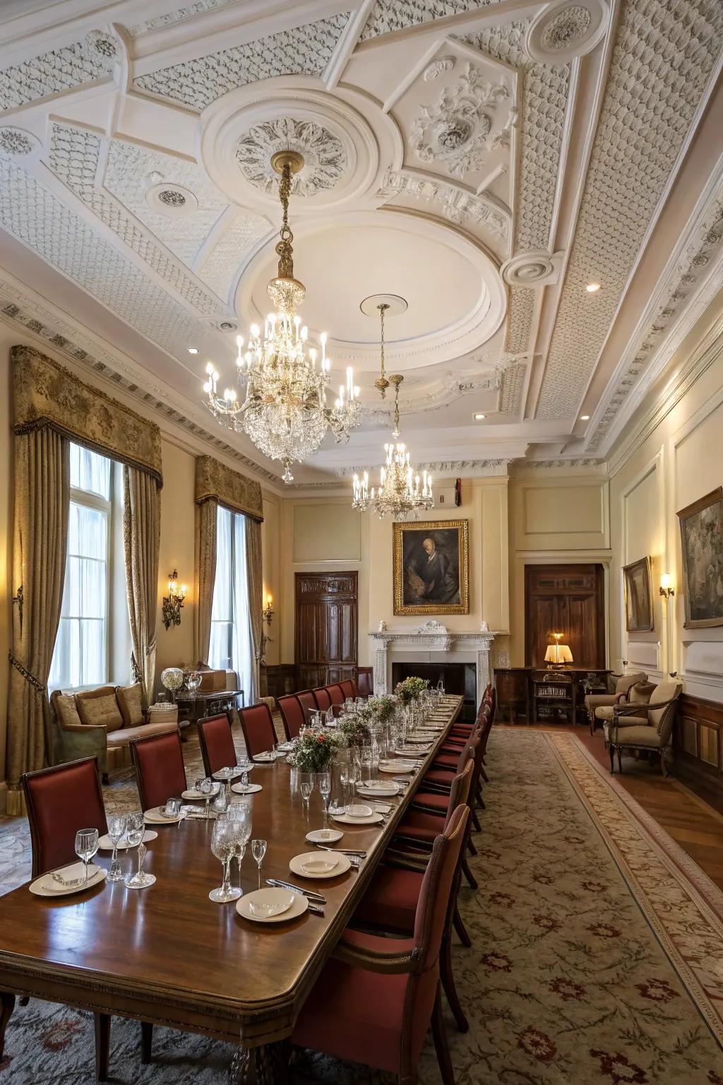 A formal dining space featuring a coffered white ceiling, contributing elegance and dimension.