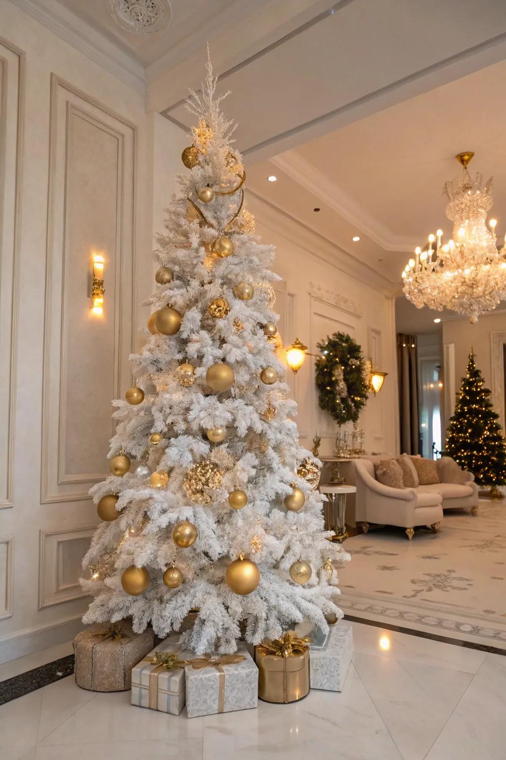 Sophisticated sparkling gold motif on a white Christmas tree.