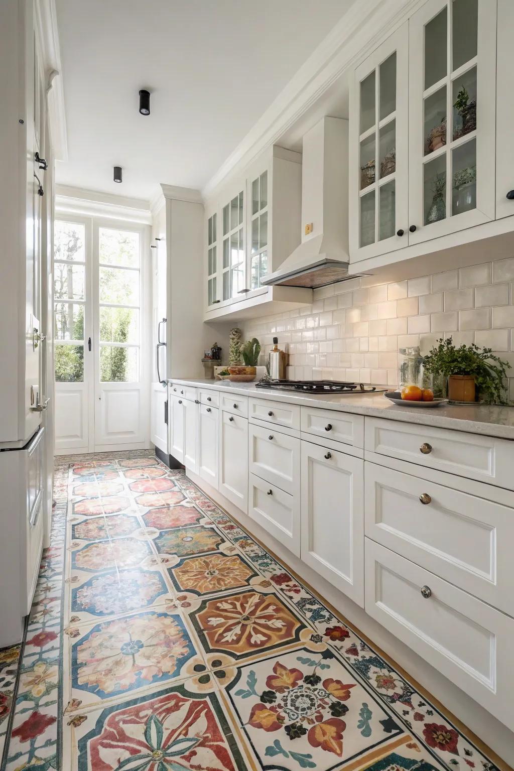 Bold floor canvases inject interest into a white kitchen.