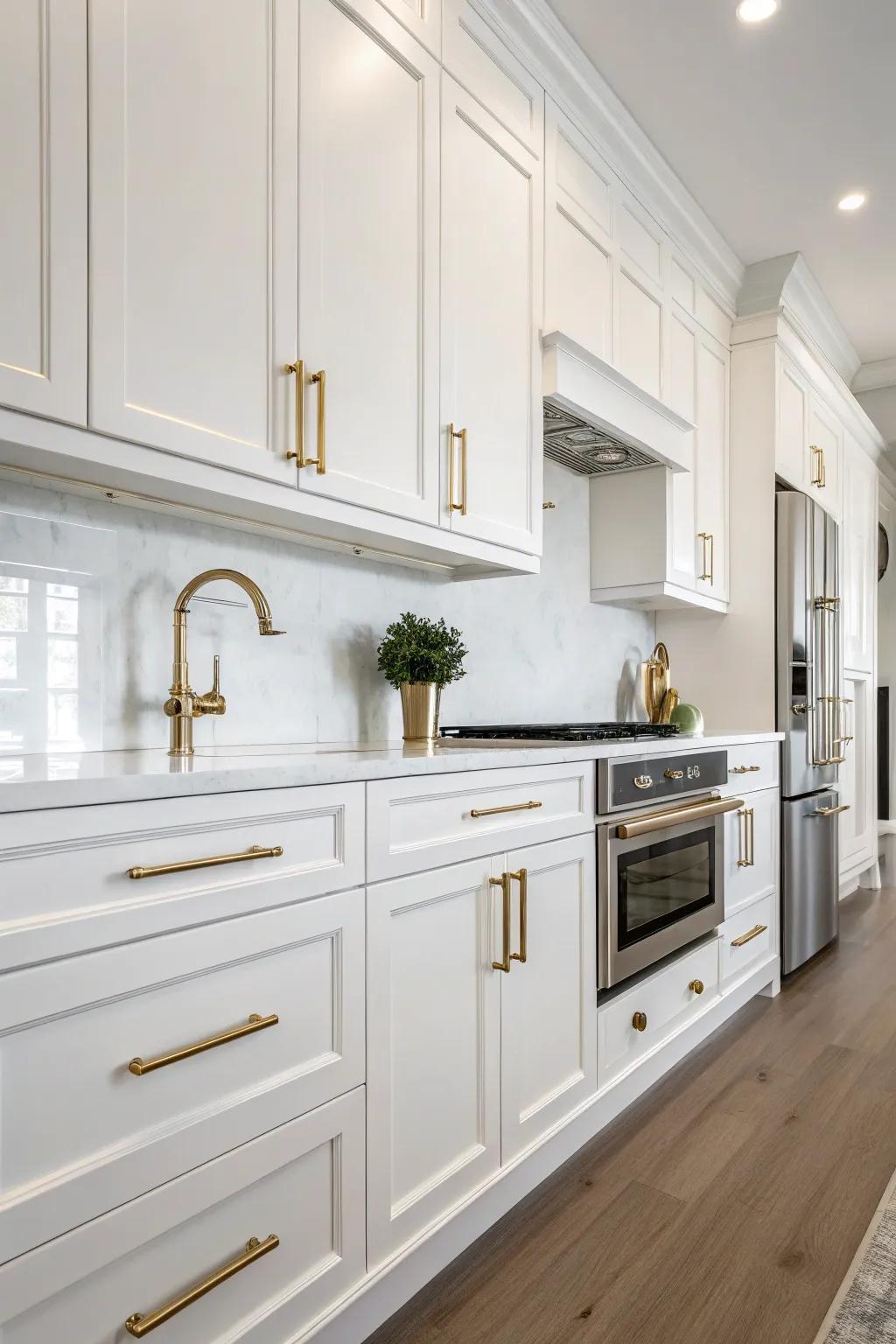 Metallic accents add a touch of glamour to the white kitchen.