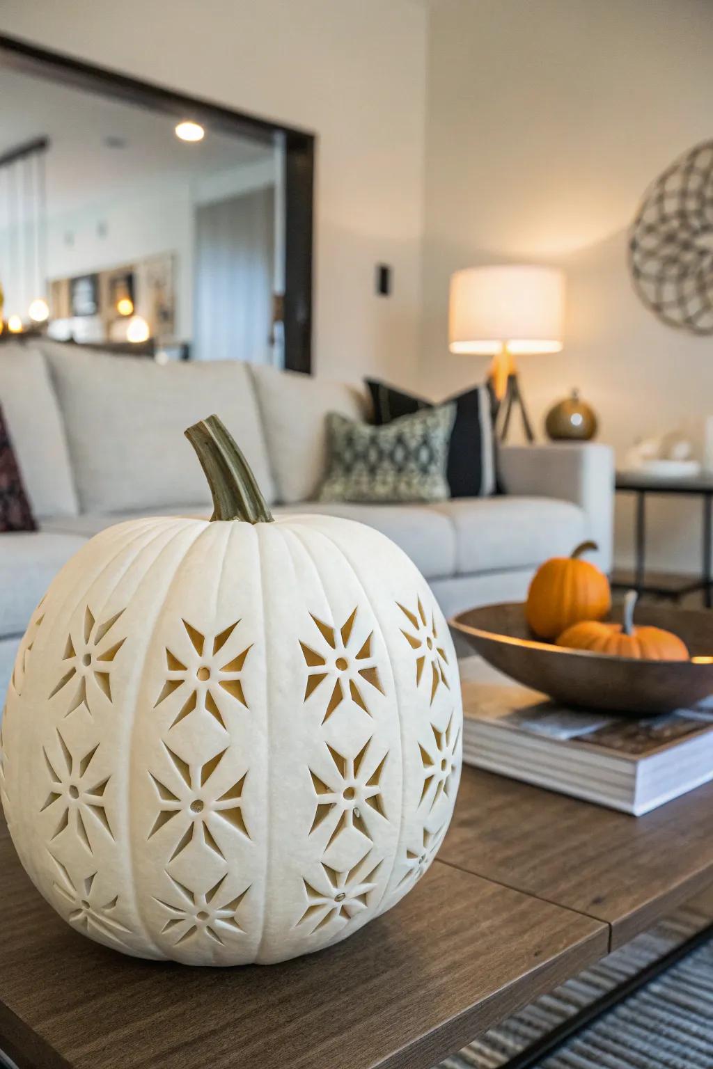 A modern spin on pumpkin art with geometric patterns.