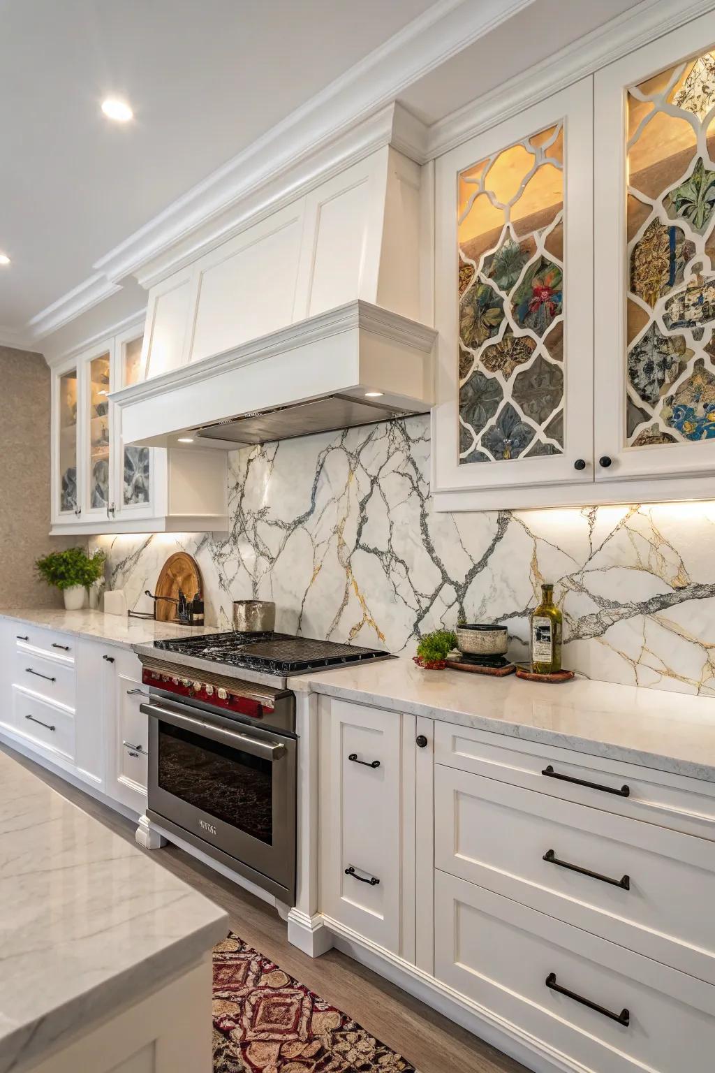 Dramatic mineral backsplash exhibiting striking veining for a standout layout.