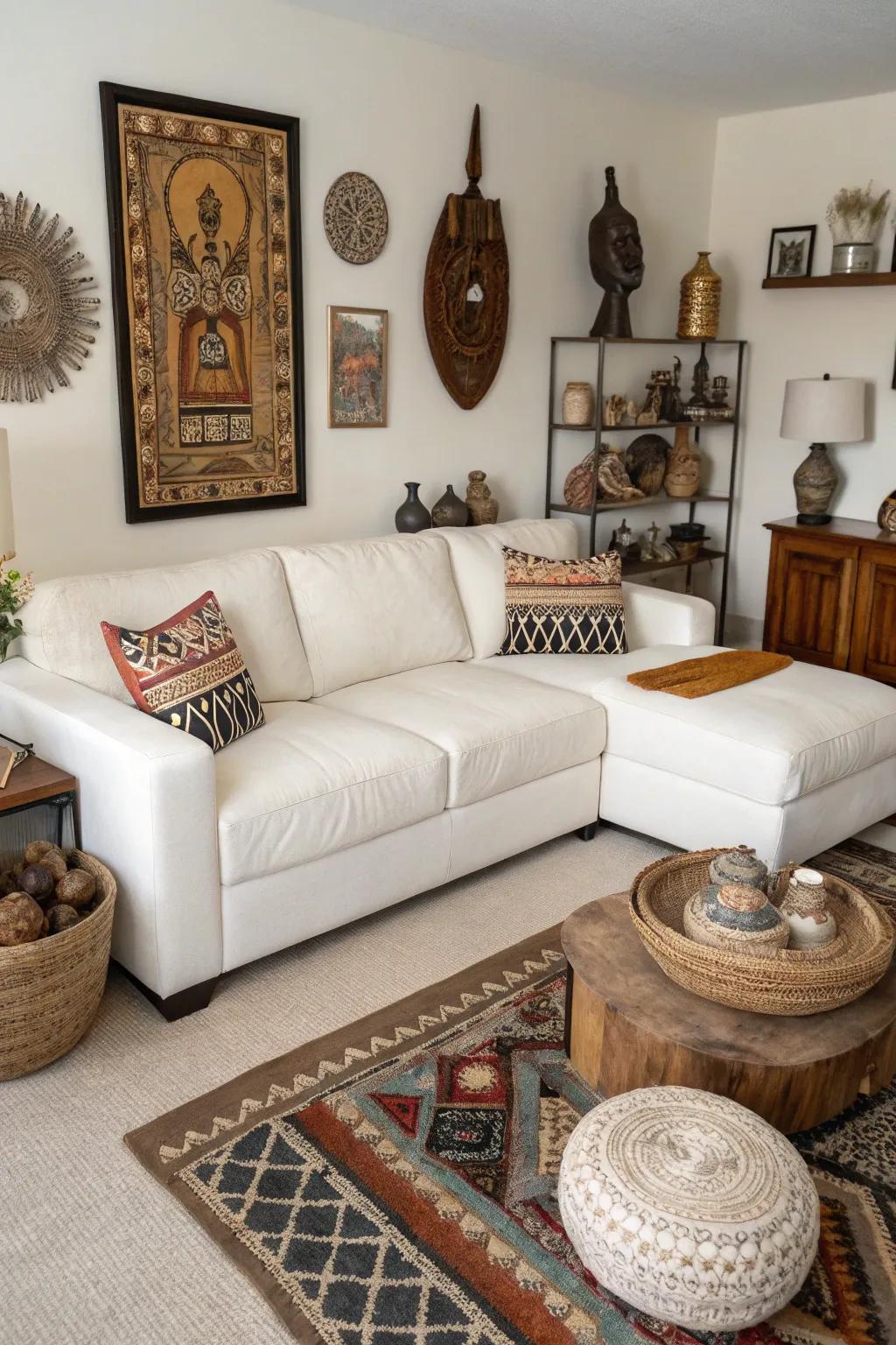 Tradition inspired items add a personal story to a living room featuring a white sectional.