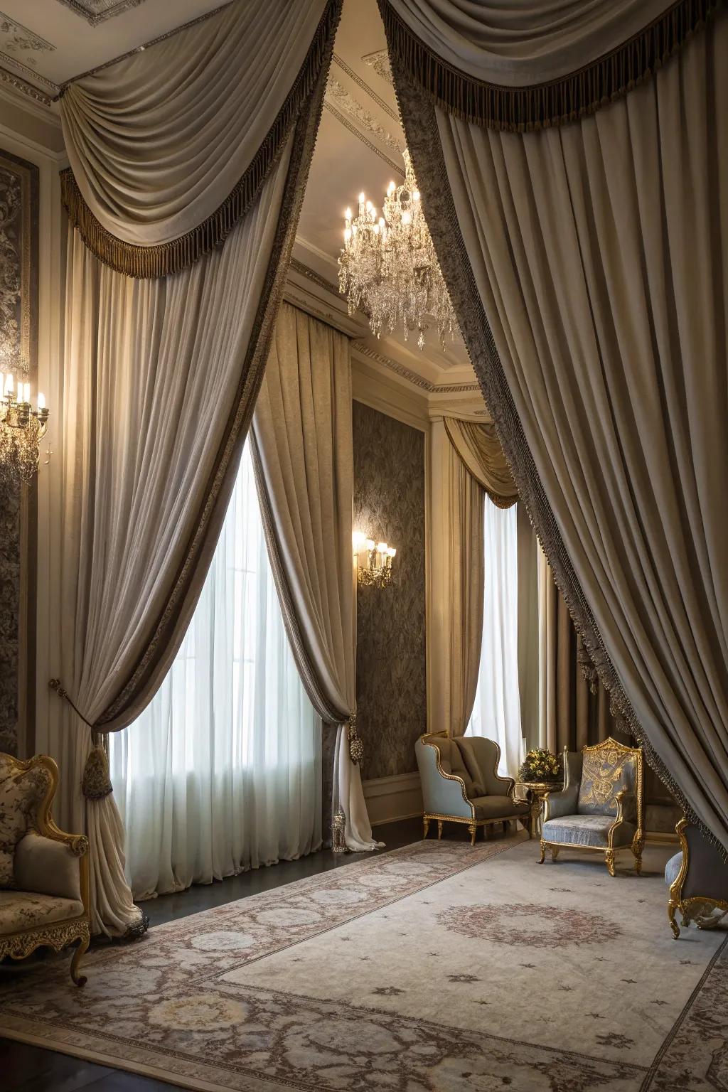 Dramatic curtains contribute luxury and impact to the room.