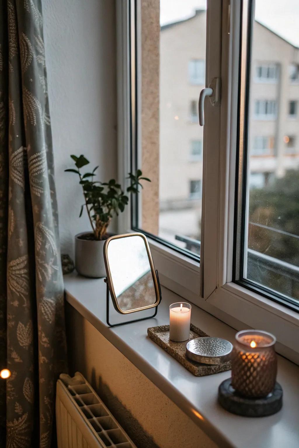 A small mirror on a window sill adding depth and reflecting light.