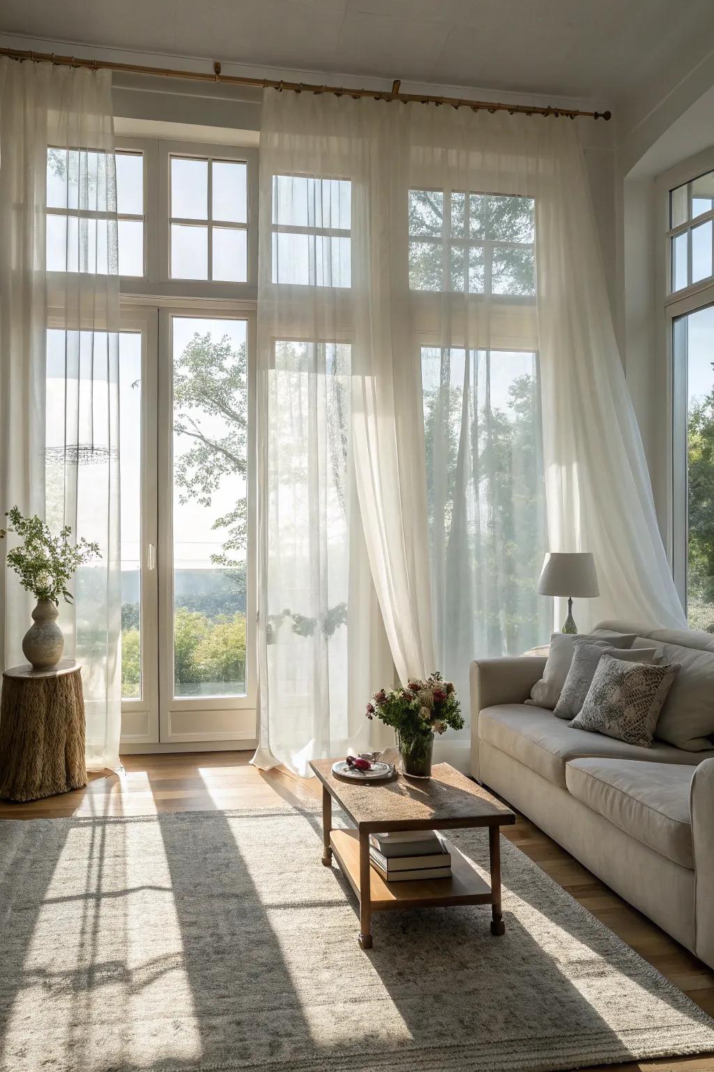 Layered light filtering fabrics provide a soft and romantic transition of light.